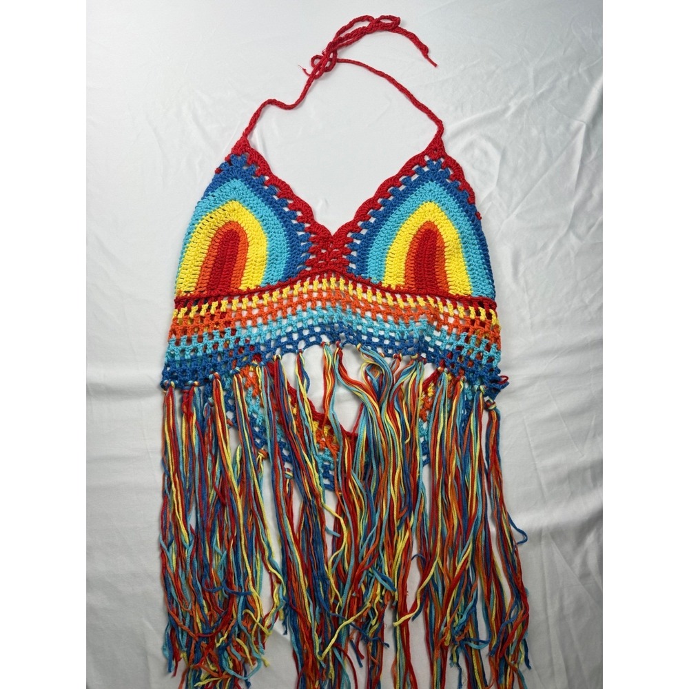 Boho Rainbow Crochet Tassel Halter Top Festival Wear S/M - Picture 3 of 6